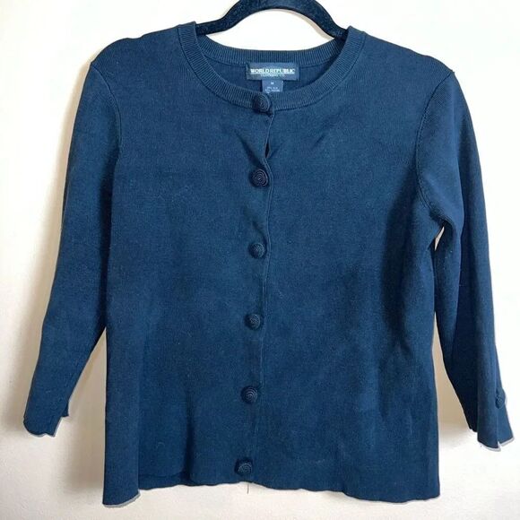 Vintage World Republic Clothing Co. Black Silk Rosette Snap Cardigan Size Medium - Picture 1 of 4